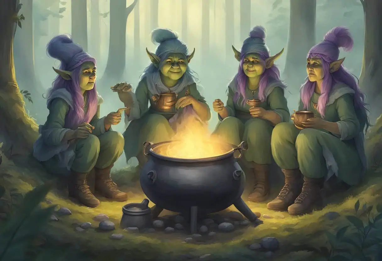 A group of female trolls gather around a cauldron, chanting and brewing potions in a misty forest clearing