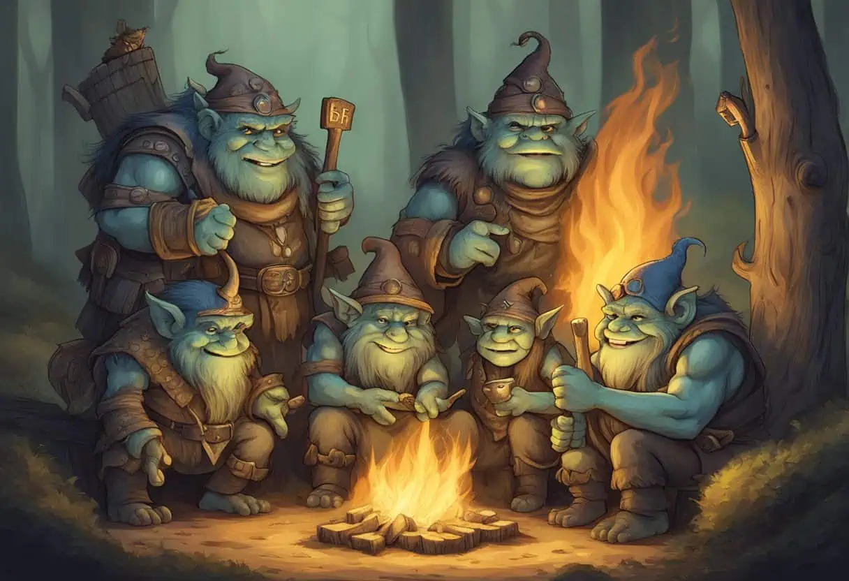 A group of fantasy trolls gather around a fire, each with a unique name written on a wooden signpost