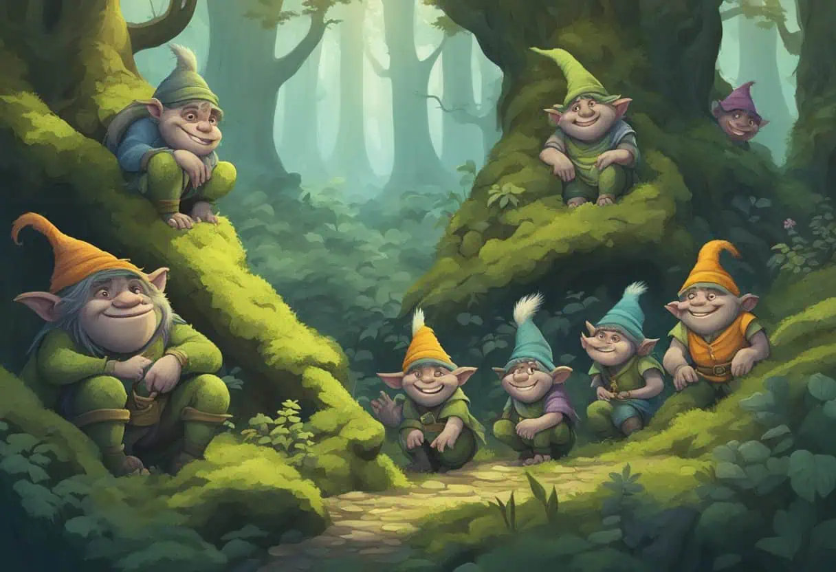 A group of mischievous trolls gather in a dense forest, each with a unique and whimsical name, surrounded by ancient trees and moss-covered rocks