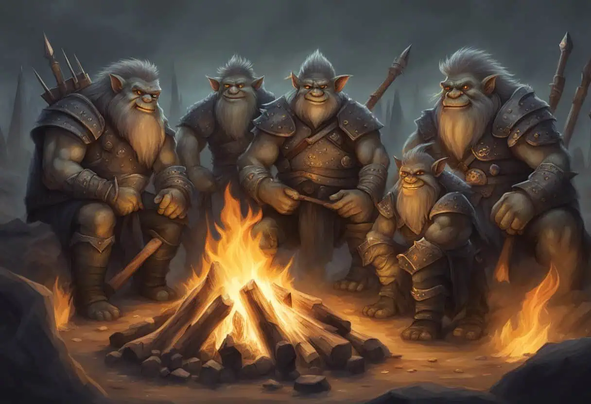 A group of fierce trolls gather around a bonfire, each with a unique and intimidating name painted on their armor