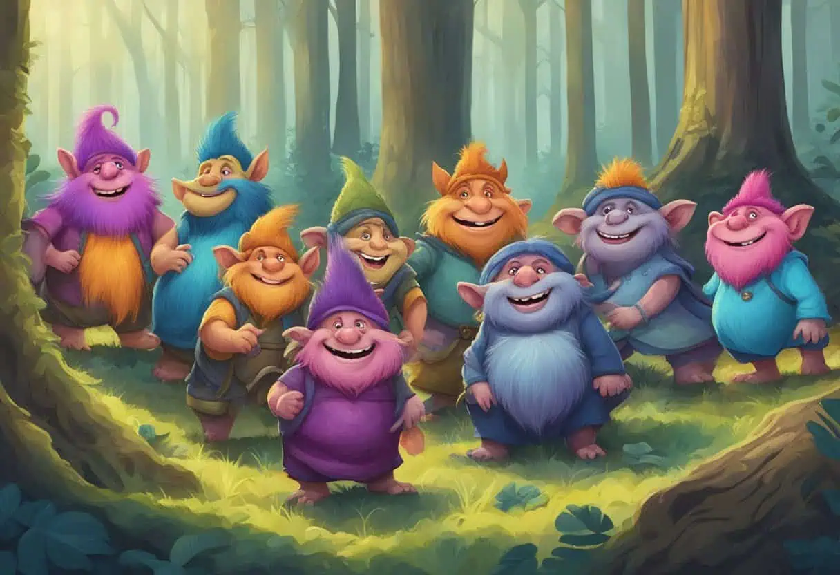 A group of colorful, mischievous trolls gather in a forest clearing, each eagerly suggesting their own unique and creative names to one another