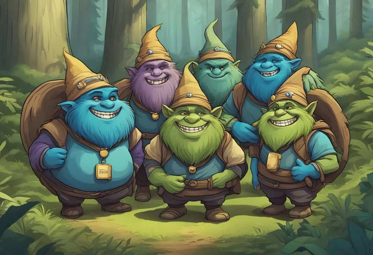 A group of mischievous trolls gather in a forest clearing, each with a comically unique name tag around their necks