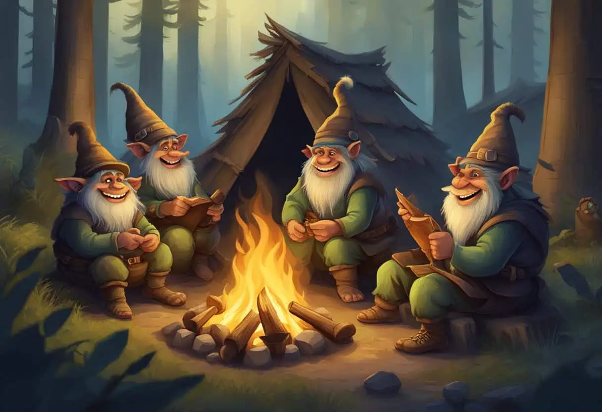 A group of mischievous trolls gather around a campfire, each with a strange and unique name painted on their huts