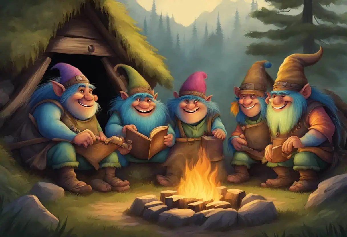 A group of mischievous trolls gather around a fire, each with a unique and catchy name painted on their huts