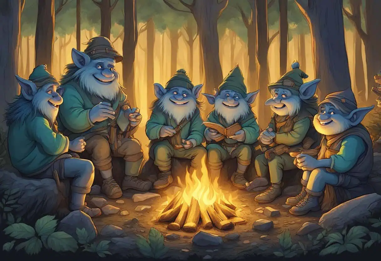 A group of mischievous trolls gather around a glowing campfire in a dense forest, whispering their famous names to each other