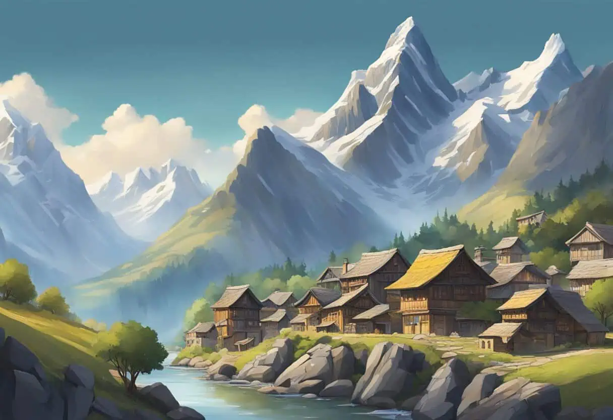 A rugged mountain range looms over a cluster of stone and wood buildings, nestled in a valley. The village exudes an air of strength and defiance