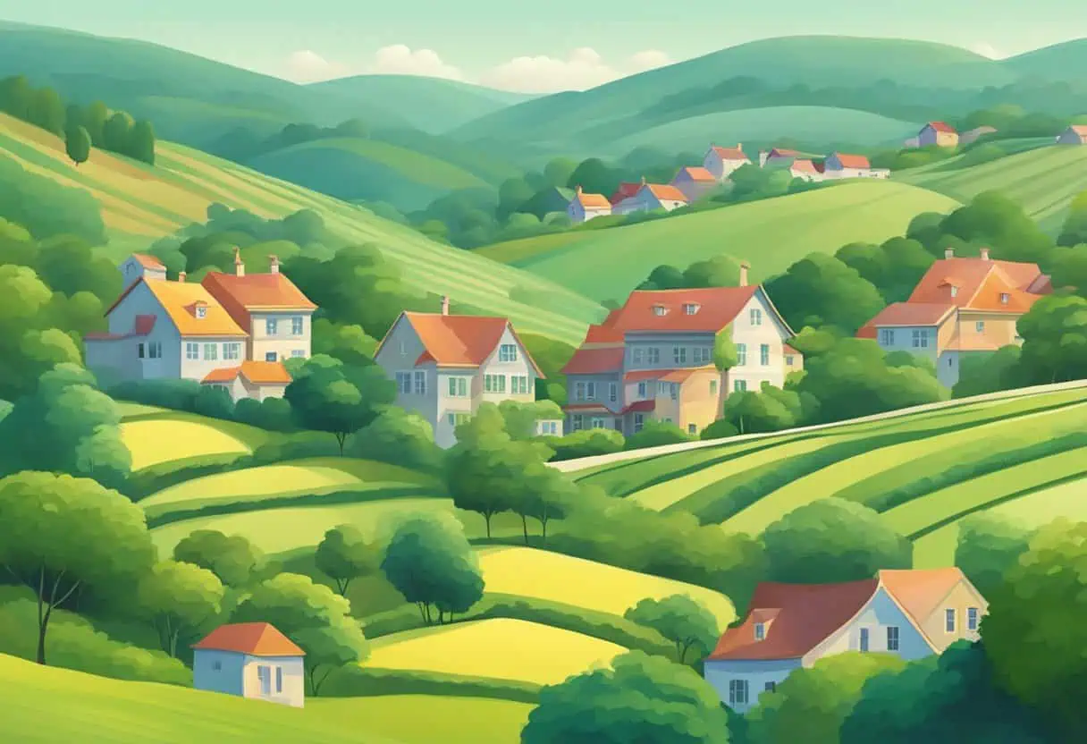 A serene countryside with rolling hills and a quaint cluster of houses nestled among lush greenery