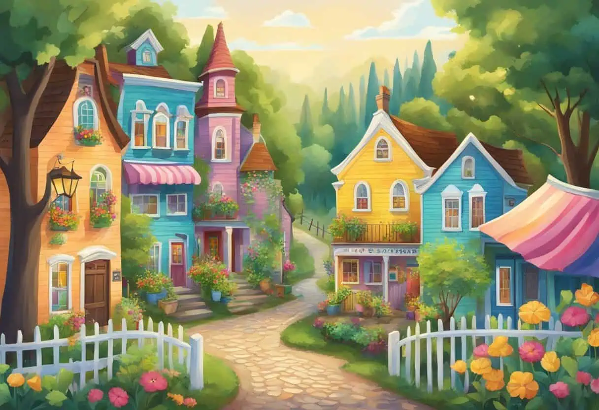 Colorful signs in a whimsical village setting, with quirky names like "Pickleberry Lane" and "Silly Goose Place." Quaint buildings and lush greenery surround the scene