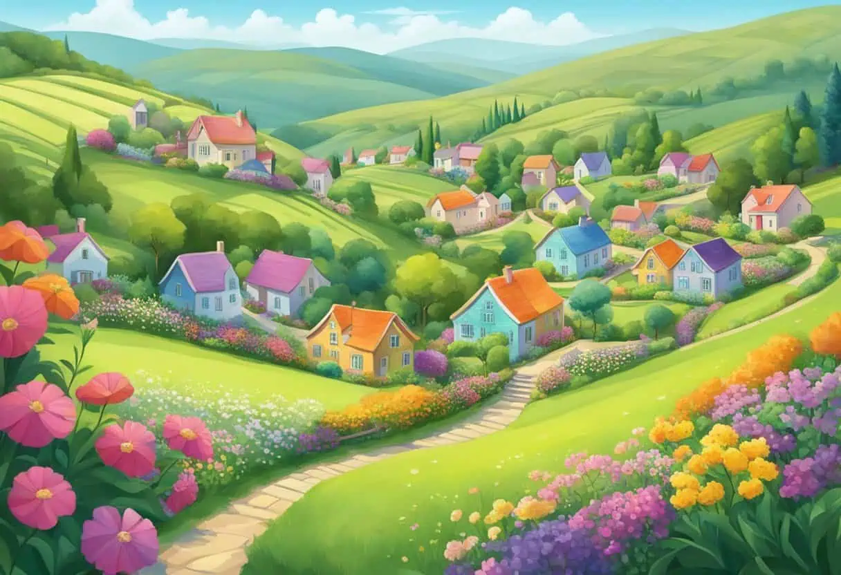 A serene village nestled among rolling hills, with colorful cottages and flower-filled gardens