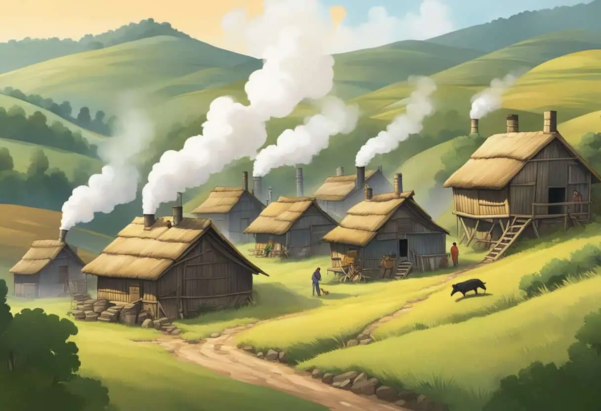 A group of rustic huts nestled among rolling hills, smoke rising from chimneys as villagers go about their daily tasks