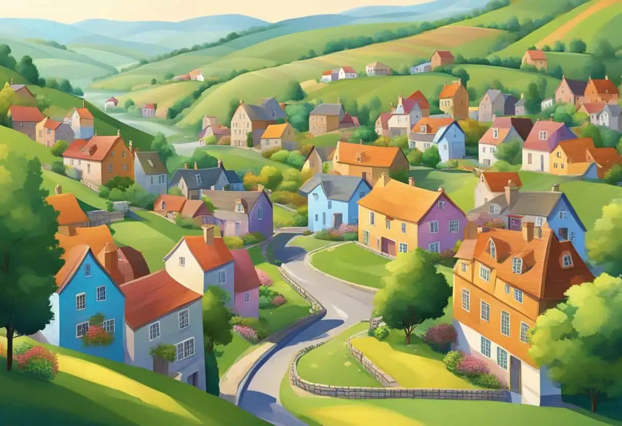 A picturesque village nestled among rolling hills, with colorful houses and a quaint town square bustling with activity