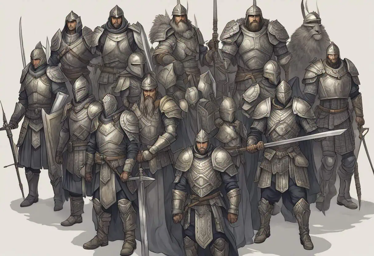 A group of fierce warriors standing in a circle, each with their own unique armor and weapons, ready for battle