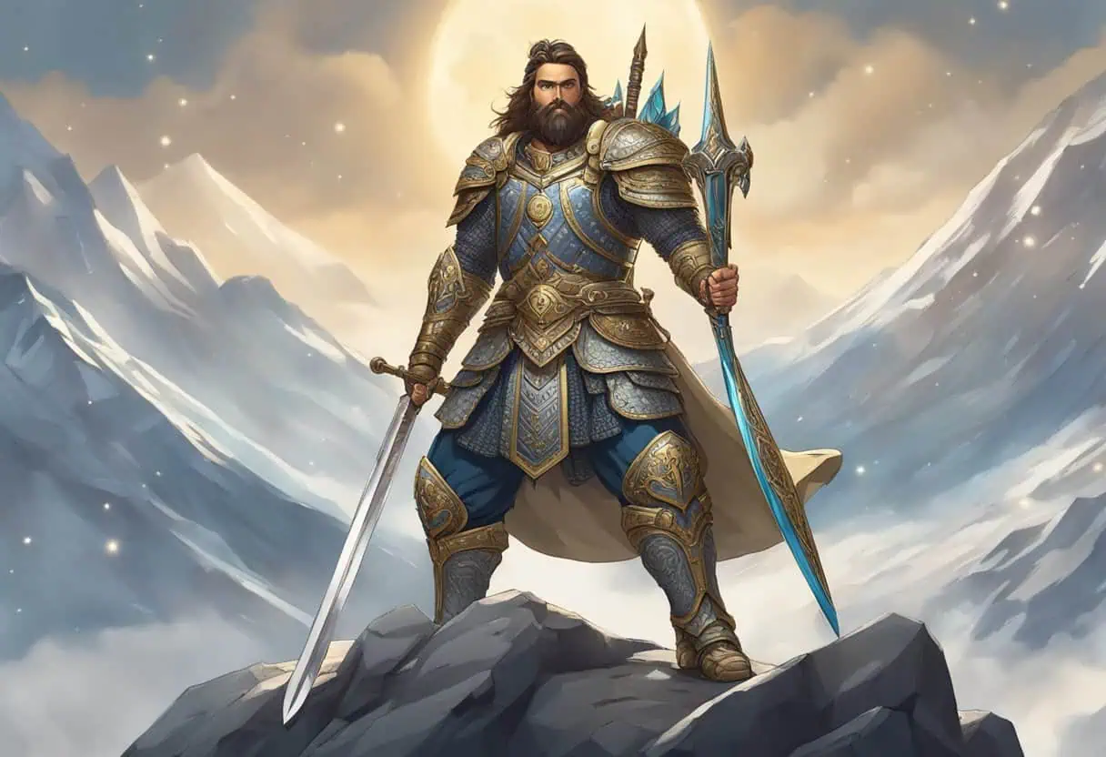 A mighty warrior stands atop a mountain, wielding a gleaming sword and wearing ornate armor adorned with intricate symbols and emblems