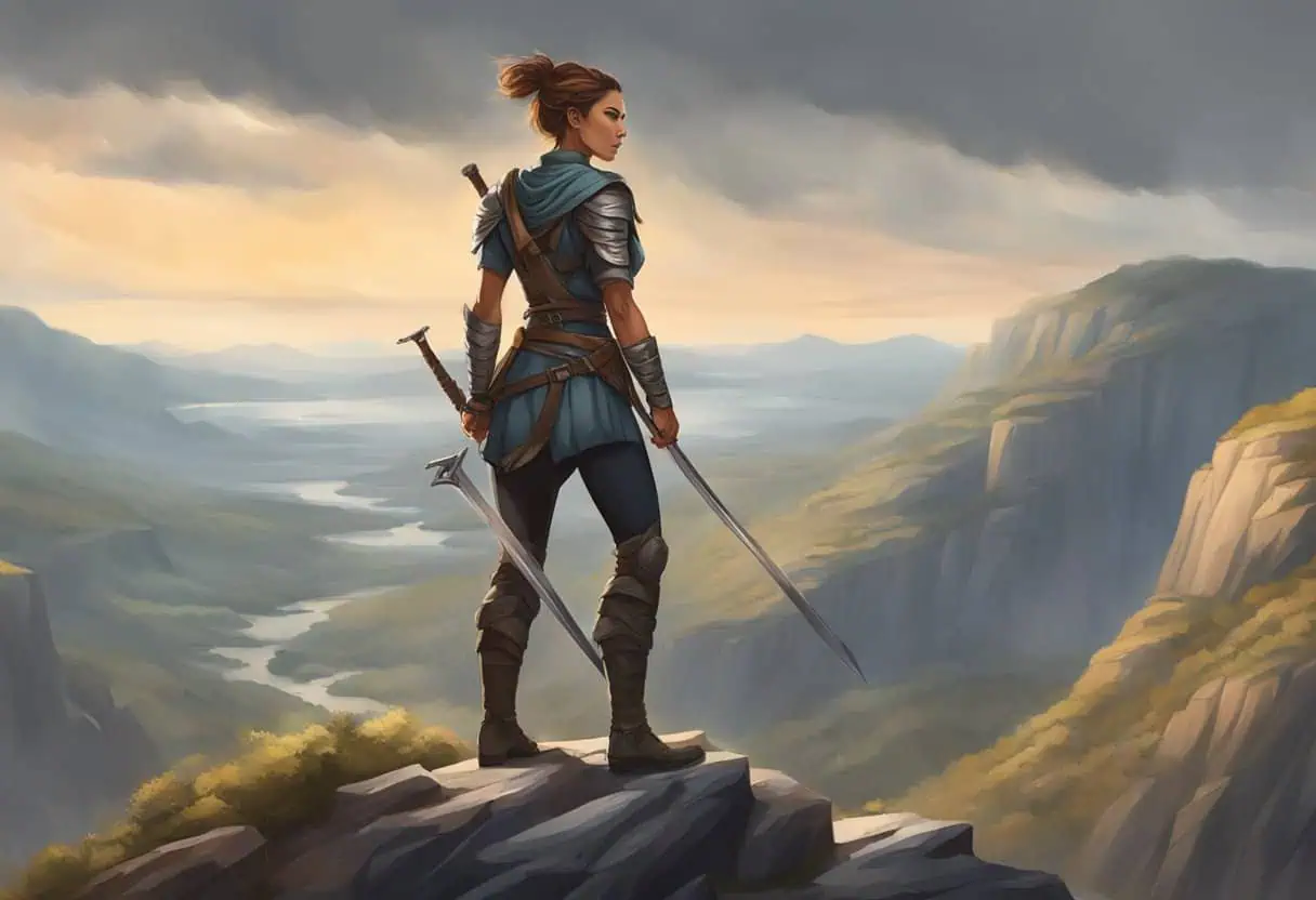 A fierce female warrior stands atop a cliff, gazing out over a rugged landscape with determination in her eyes