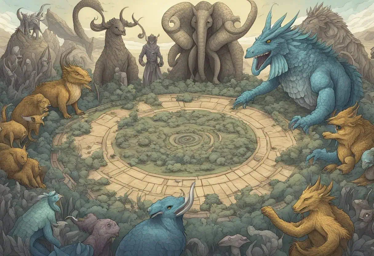 A group of fantastical creatures with bizarre, otherworldly names stand in a circle, ready for battle