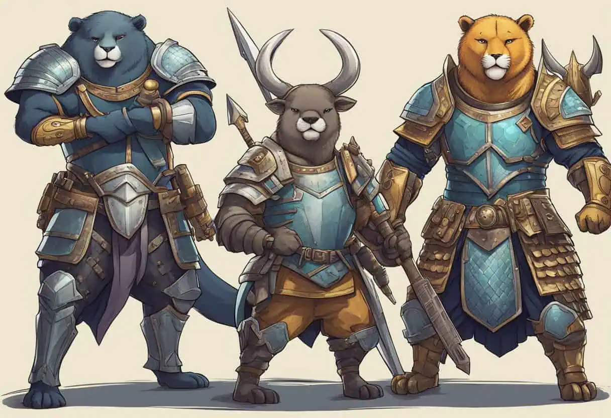 A group of animals wearing armor and wielding comically oversized weapons stand in a comical warrior pose