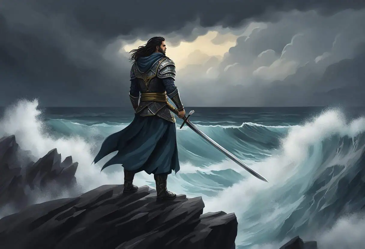 A fierce warrior standing on a rocky cliff, gazing out at a stormy sea with crashing waves and a dark, brooding sky overhead