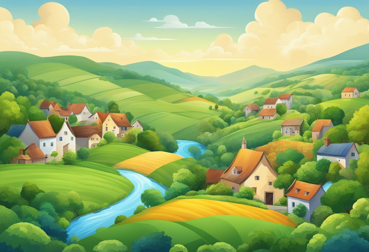 A charming countryside landscape with ten unique villages nestled among rolling hills and lush greenery