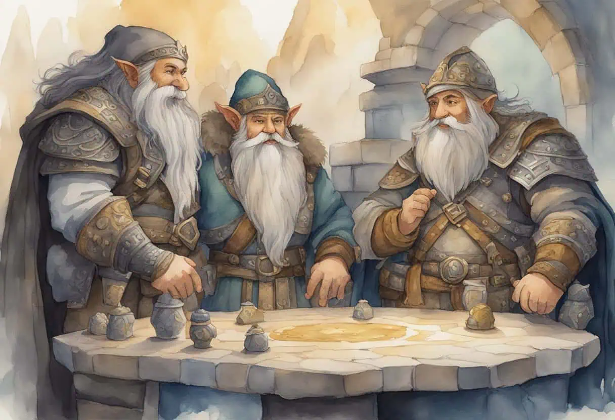 Dwarves in a scholarly gathering - A cozy scene of dwarves discussing ancient texts around a wooden table in a warm library.
