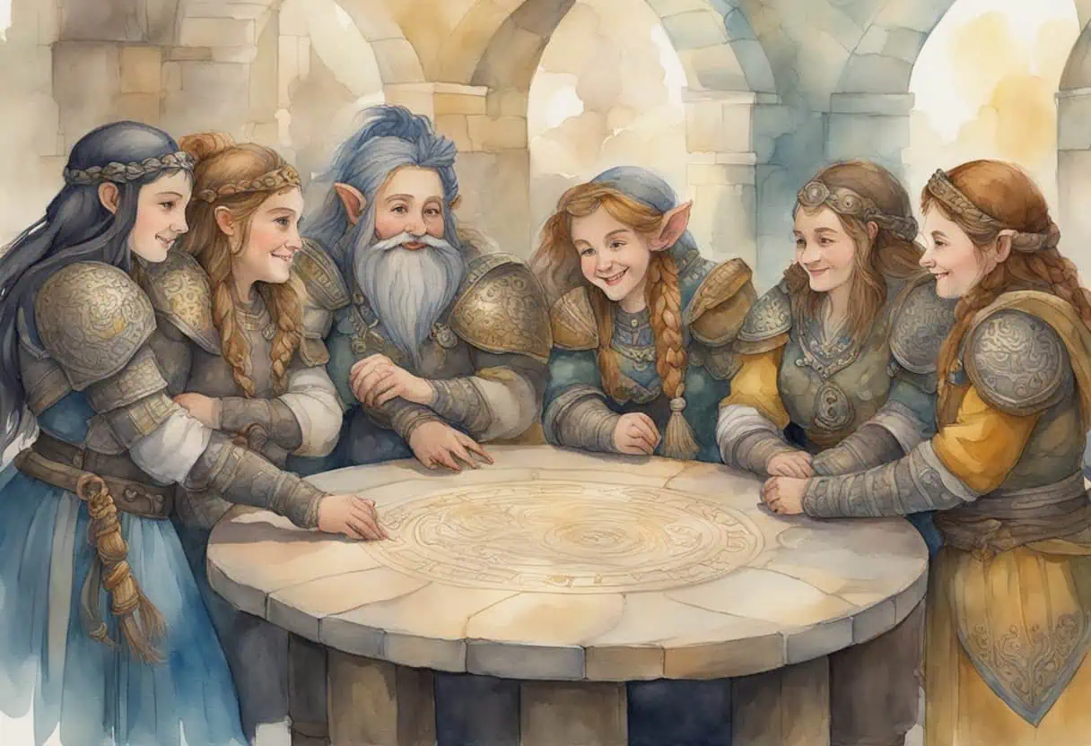 Dwarves bonding around a campfire - A lively group of dwarves gathered around a fire in a forest clearing, sharing stories and laughter.
