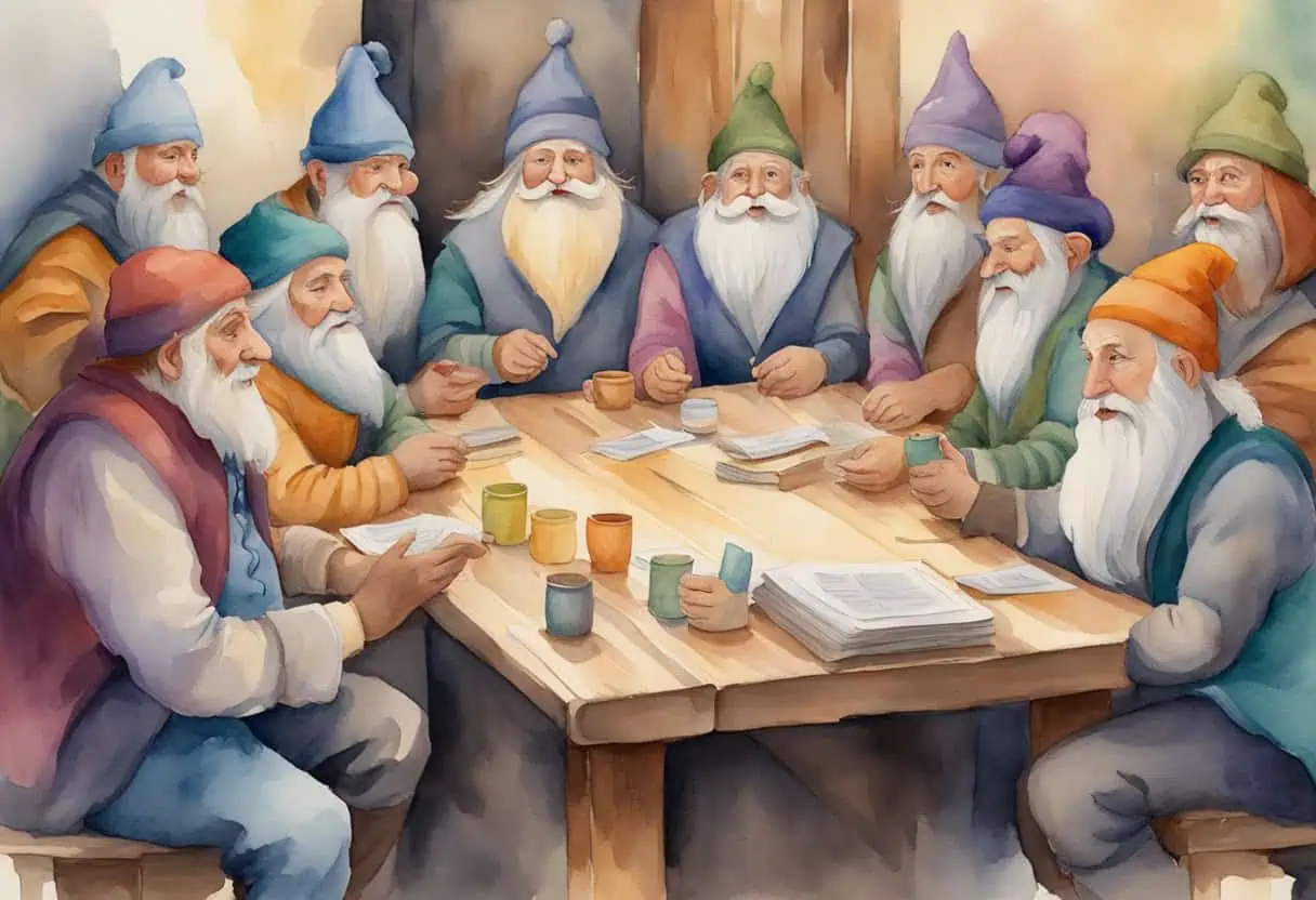 Dwarves in a secretive council - A group of dwarves seated in a stone chamber, deeply engrossed in strategic discussions around a round table.
