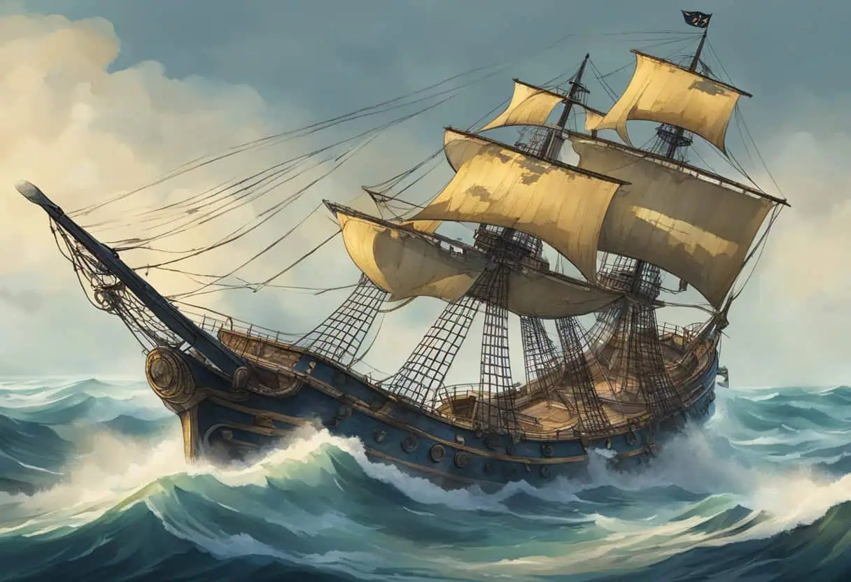 Golden-accented pirate ship braving a storm, emphasizing its sturdy design and detailed craftsmanship.
