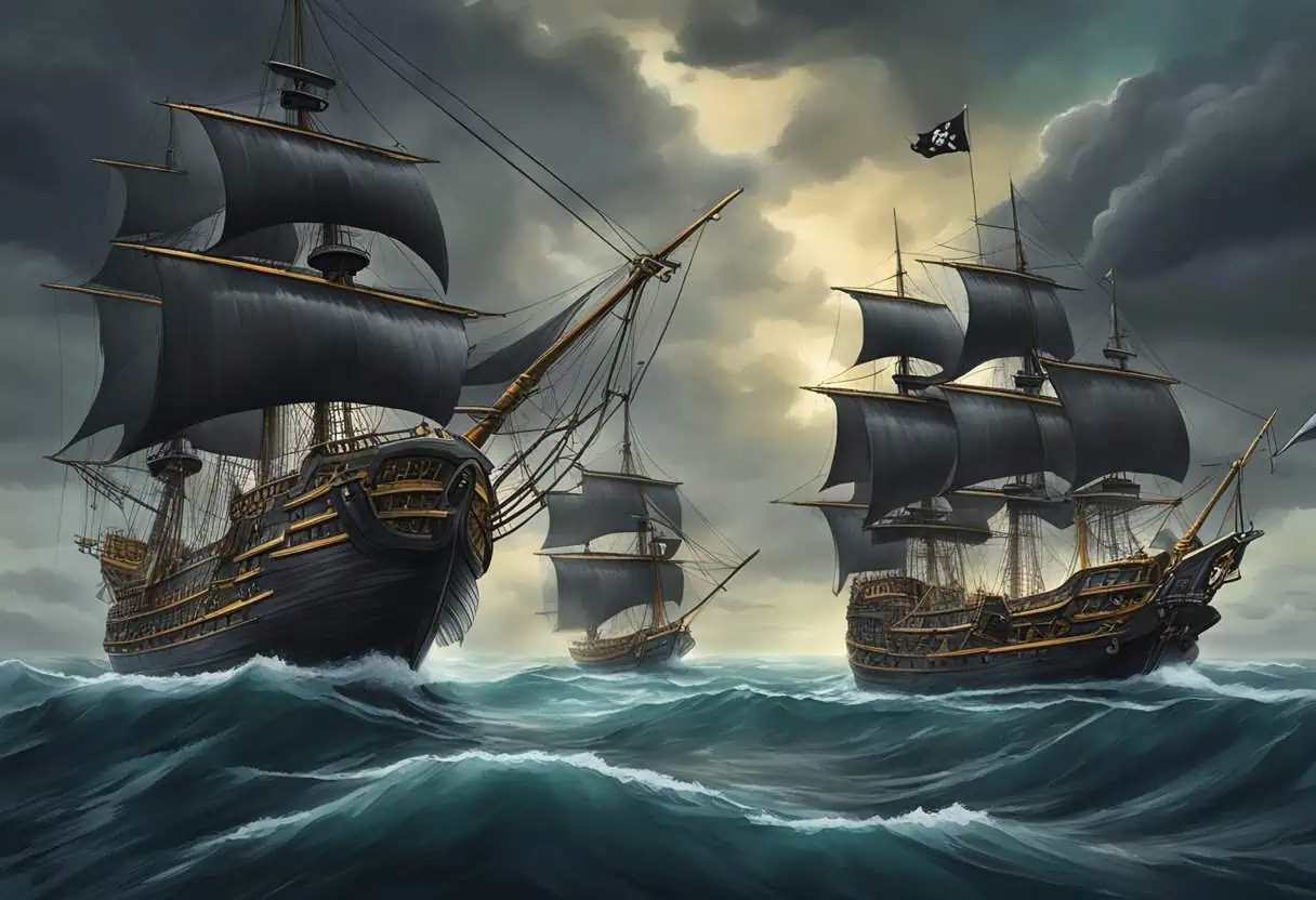 Artwork of a pirate ship with a skull insignia on its sails, navigating through stormy seas.
