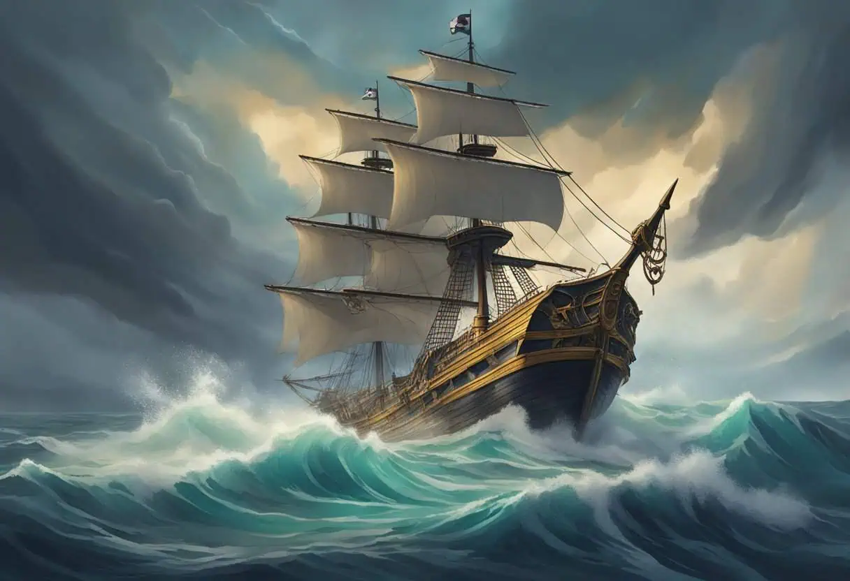 Vintage-inspired pirate ship with golden sails battling turbulent ocean waters.
