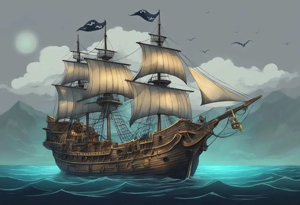 Another angle of a pirate ship with a skull emblem, showcasing its grandeur amidst swirling seas.
