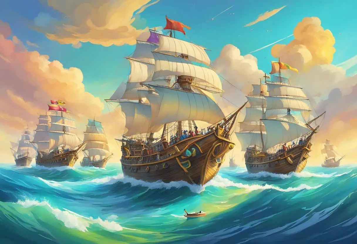 Fleet of dark pirate ships, their sails billowing in the wind under ominous clouds.
