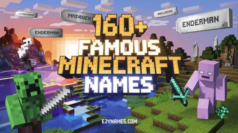 A vibrant Minecraft-themed image featuring a Creeper holding a sword and a pink character with a diamond sword in hand. The blocky landscape includes mountains, water, and trees under a sunset sky. Floating name tags, such as "Enderman" and "Madriek," add a multiplayer feel, with bold text reading "160+ Famous Minecraft Names" as the central focus. The website "EZYNAMES.COM" is displayed at the bottom.