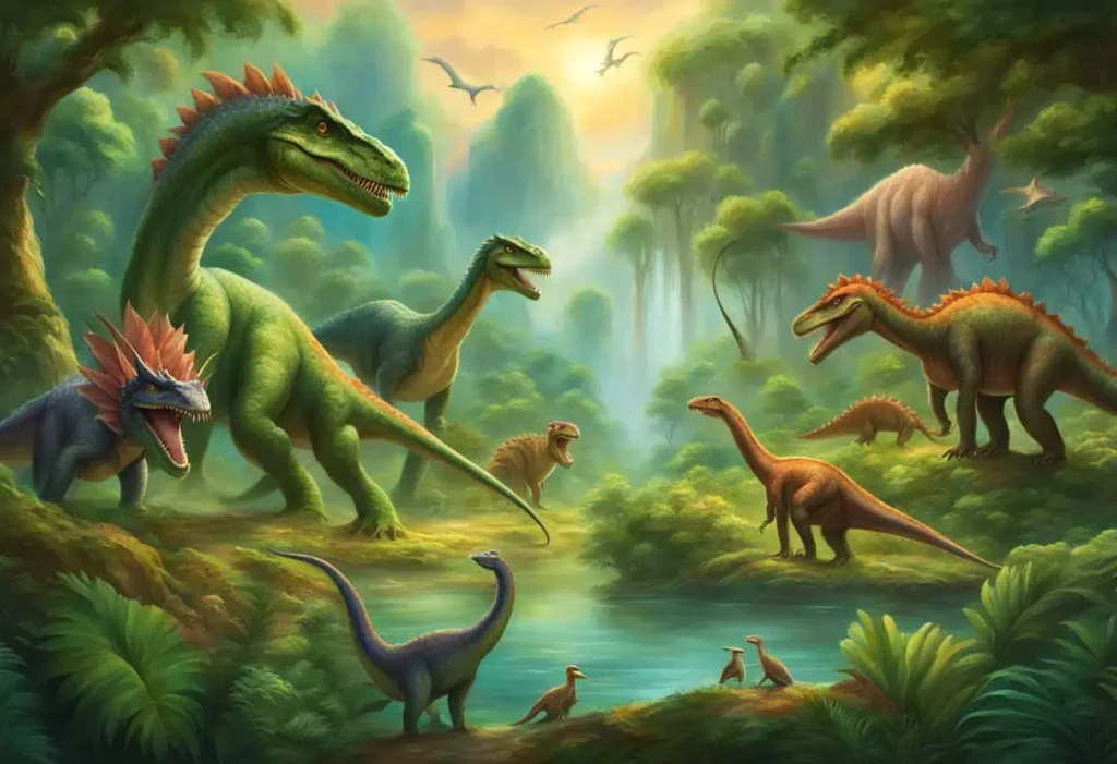 Illustration of various dinosaur species roaming a prehistoric landscape with mountains and forests

