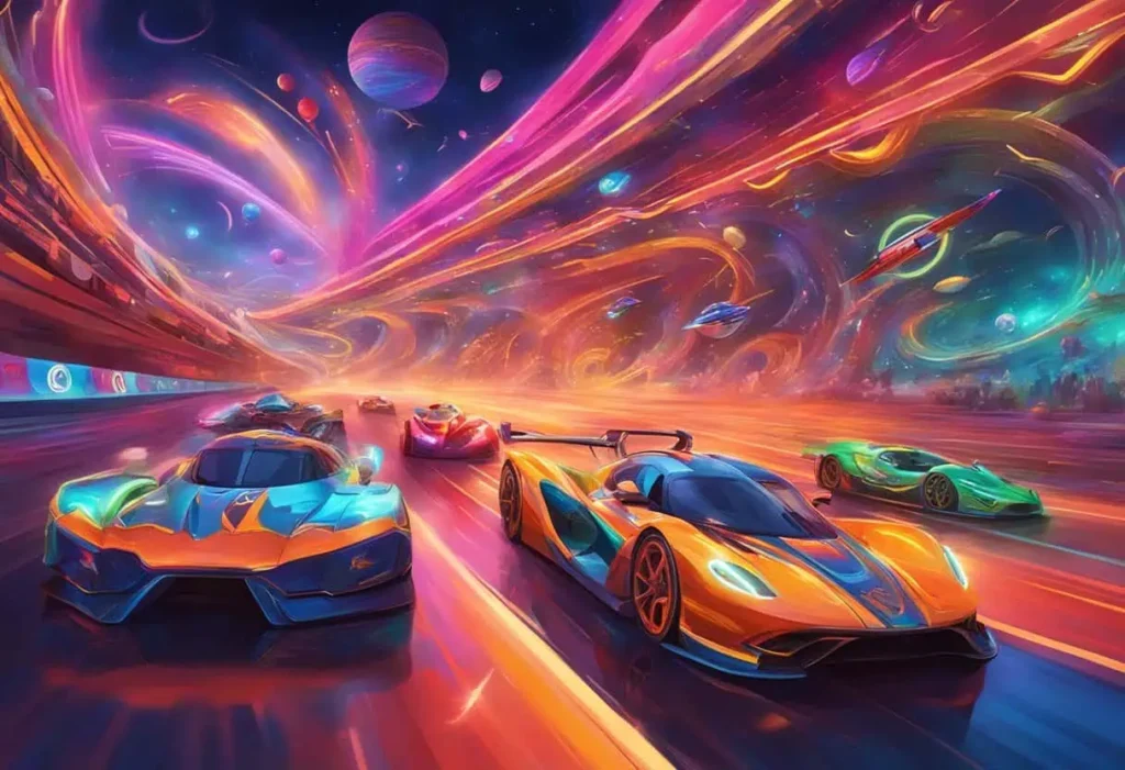 An imaginative scene with a futuristic racing vehicle zooming through a glowing, otherworldly landscape

