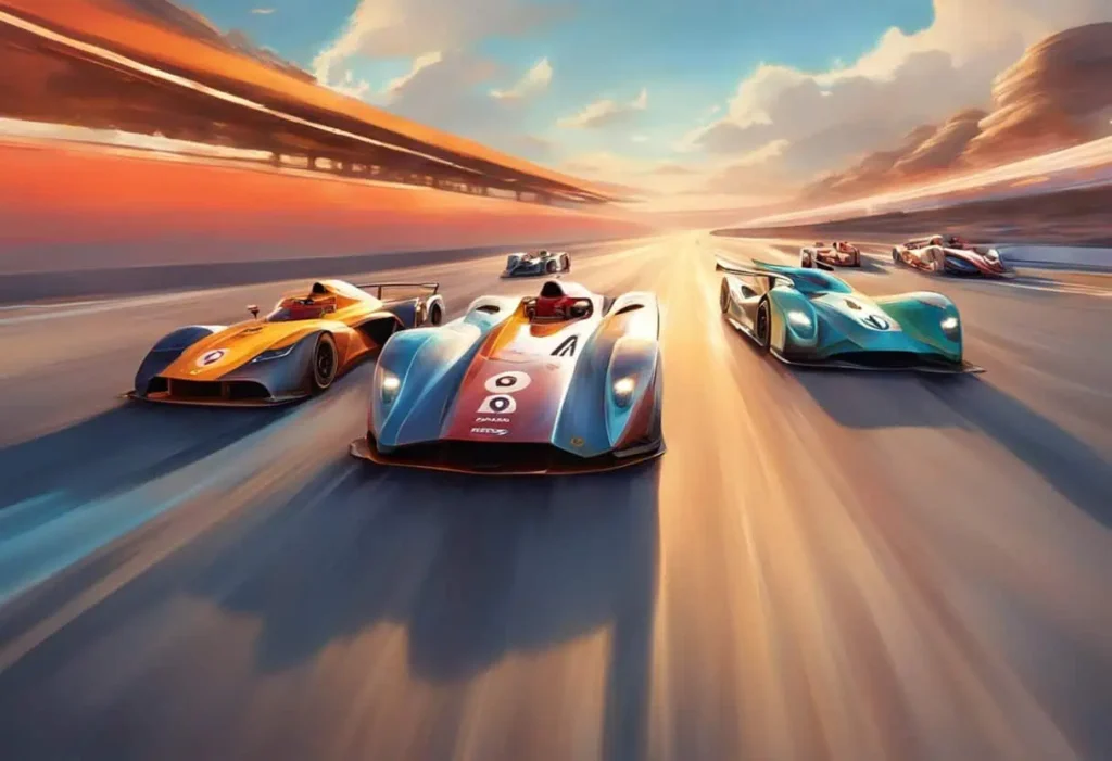 A strong depiction of a male racer in a helmet, standing next to a powerful car on the starting line

