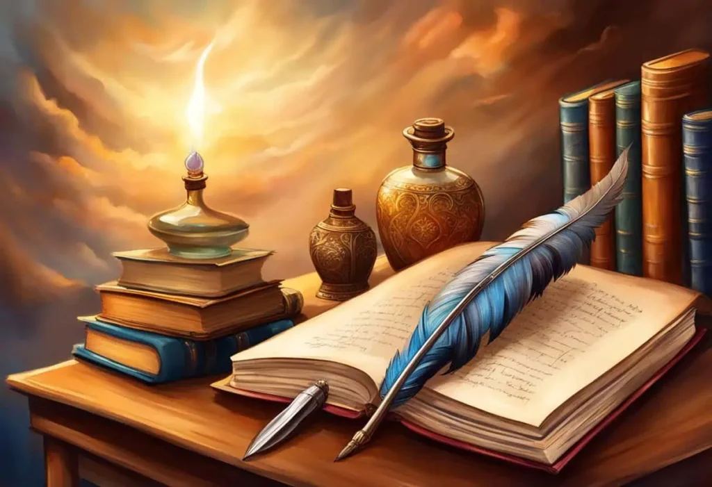 A mystical illustration of a glowing quill and parchment, evoking fantasy and magic

