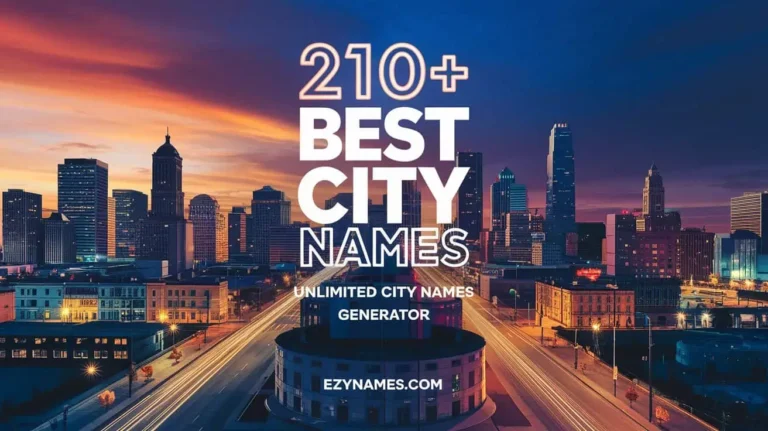 A stunning twilight cityscape featuring a mix of modern skyscrapers and classic architecture, illuminated by vibrant orange and purple hues of the sunset. The foreground showcases a circular building surrounded by well-lit streets, with streaks of car lights creating a sense of motion and energy. The image prominently displays the text "210+ Best City Names" and "Unlimited City Names Generator," emphasizing its purpose as a creative resource. At the bottom, the website URL "ezynames.com" is included, guiding viewers to explore more city name ideas.