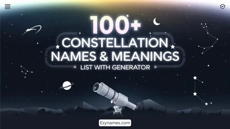 An artistic depiction of a nighttime scene featuring the text "100+ Constellation Names & Meanings List with Generator" glowing brightly against a dark, star-filled sky. The design includes celestial elements such as stars, constellations, a crescent moon, and a shooting star. A detailed telescope is placed on a rocky foreground with mountain silhouettes in the background, emphasizing the theme of stargazing and astronomy. The website name, Ezynames.com, is displayed prominently at the bottom, integrating seamlessly into the serene cosmic setting.