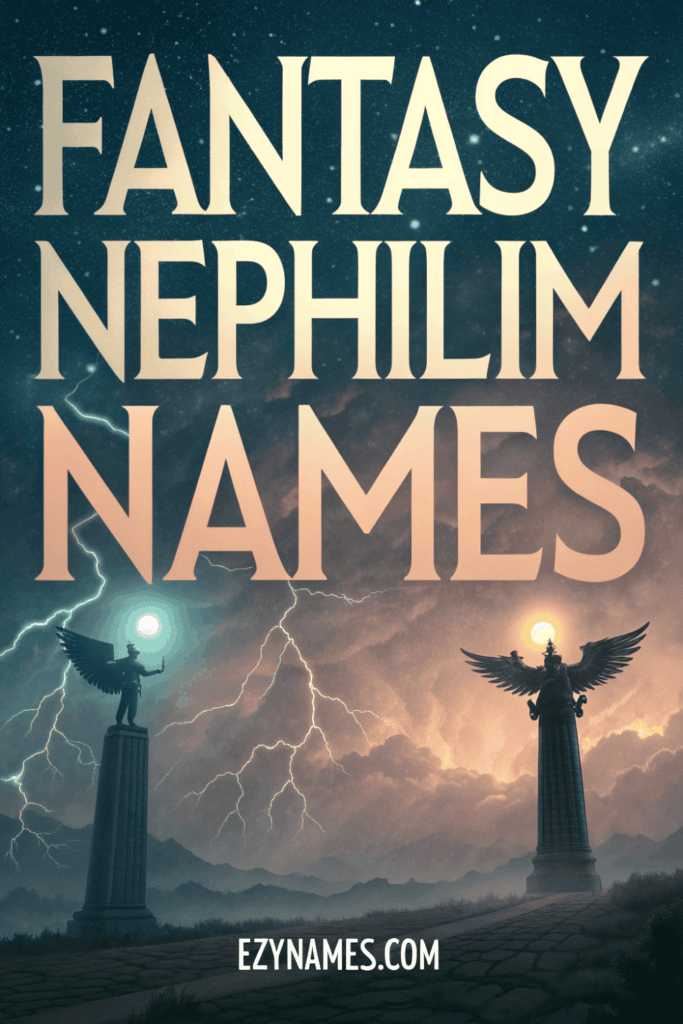 Alt text: Fantasy Nephilim names artwork featuring winged statues, glowing orbs, stormy skies, and lightning with bold fantasy typography and ezynames.com branding.