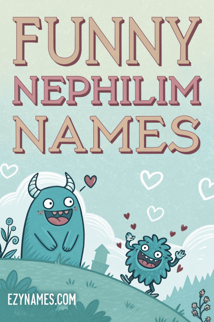 Cute cartoon-style Nephilim characters with horns and happy expressions under the title Funny Nephilim Names, illustrated in a playful pastel fantasy scene with ezynames.com branding.