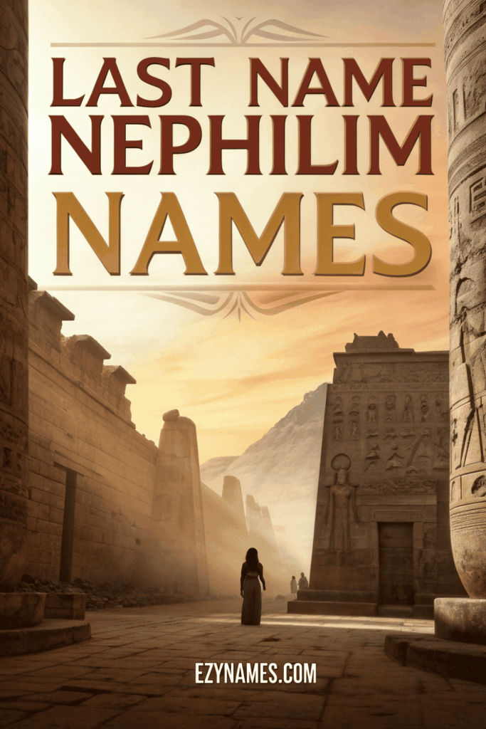 Last name Nephilim names visual showing ancient temple walls, hieroglyph-style carvings, warm sunlight, and a solitary figure walking through ruins with ezynames.com branding.
