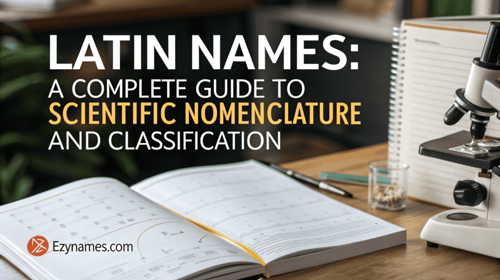 Pinterest cover showing the title Latin Names: A Complete Guide to Scientific Nomenclature and Classification on a study desk with an open textbook, notebook, and a microscope, with Ezynames.com branding.