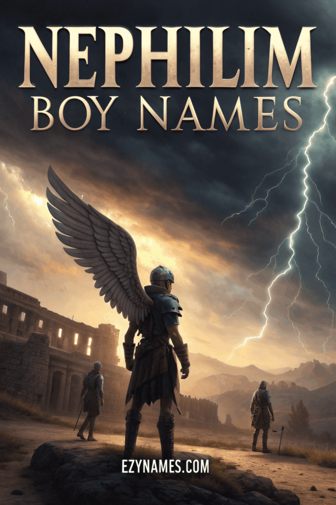Alt text: Nephilim boy names artwork featuring a winged warrior standing in ancient ruins under a stormy sky with lightning, cinematic fantasy atmosphere, and ezynames.com branding.