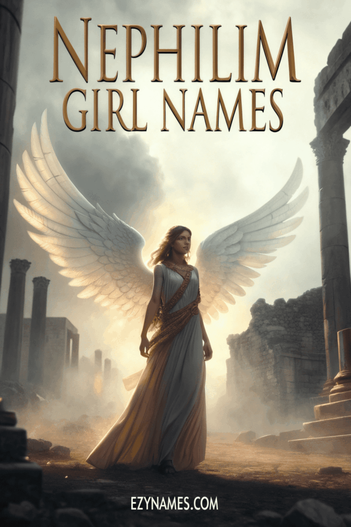 Alt text: Nephilim girl names artwork showing a graceful winged female figure in flowing robes standing among ancient ruins with soft glowing light and ezynames.com branding.