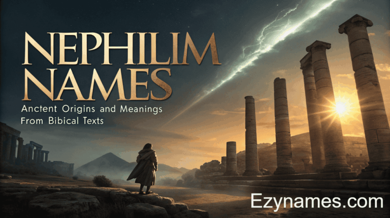 Nephilim names title image showing ancient stone columns at sunset, lightning across the sky, and a lone cloaked figure standing among ruins, representing ancient origins and biblical meanings, branded with Ezynames.com.