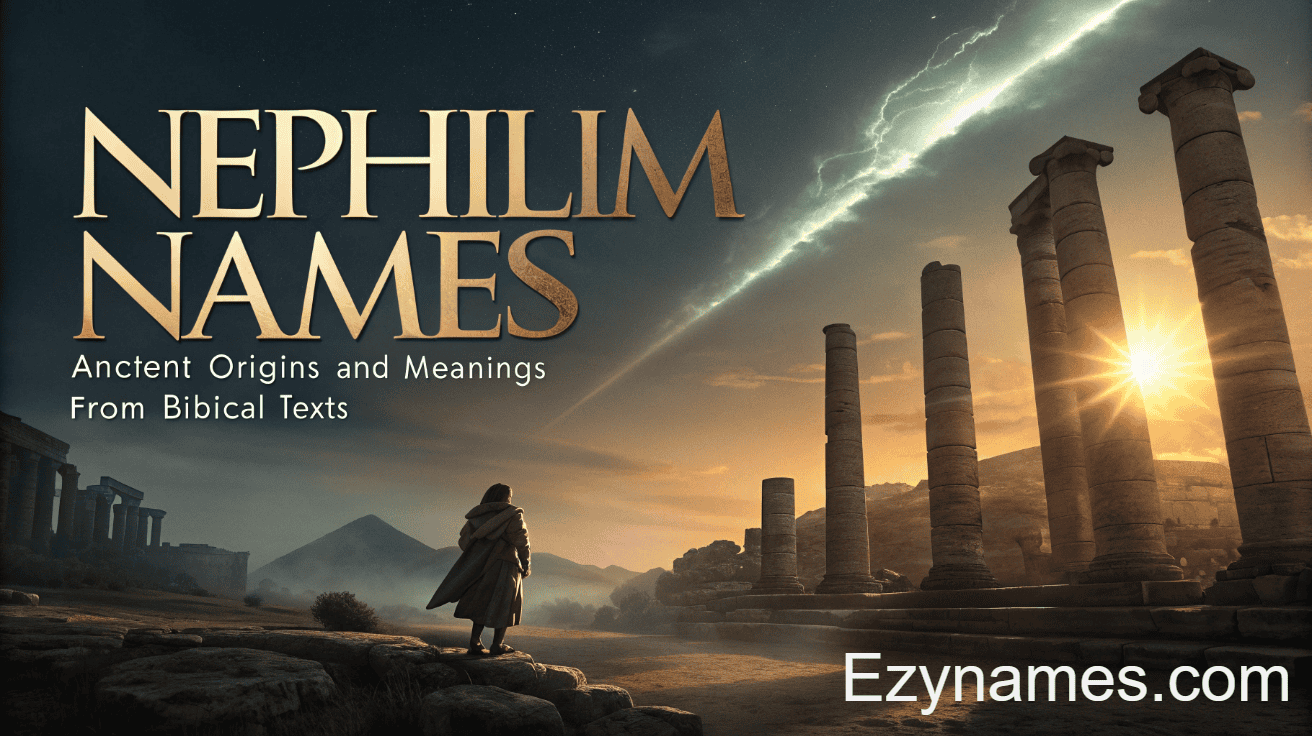 Nephilim names title image showing ancient stone columns at sunset, lightning across the sky, and a lone cloaked figure standing among ruins, representing ancient origins and biblical meanings, branded with Ezynames.com.