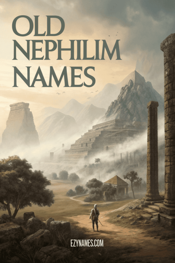 Old Nephilim names scene showing misty ancient ruins, broken columns, mountains in the distance, and a traveler walking through a forgotten civilization with ezynames.com branding.