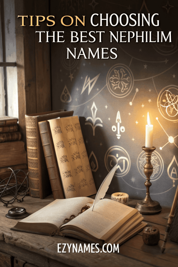 Cozy scholarly scene with old books, candlelight, quill pen, mystical symbols on the wall, and the title Tips on Choosing the Best Nephilim Names, branded with ezynames.com.