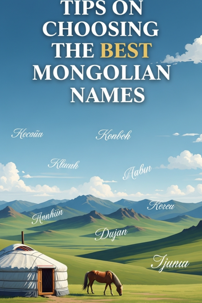 Illustrated green hills with a yurt and horse, floating sample names, and the headline “TIPS ON CHOOSING THE BEST MONGOLIAN NAMES.”