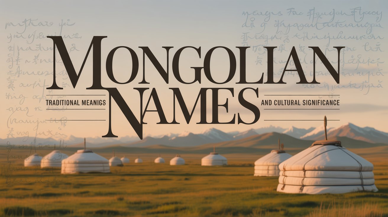 Cinematic poster reading “Mongolian Names” over a sunrise steppe landscape with traditional white yurts and distant mountains, with faint handwritten script in the background.