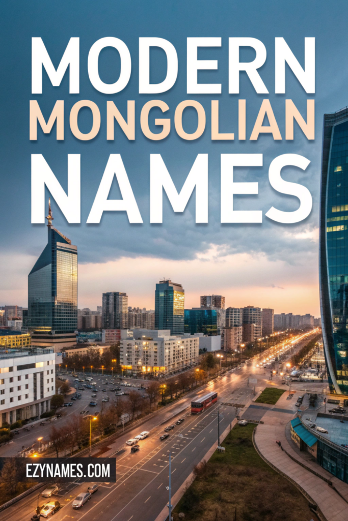 City skyline at sunset with bold large text “MODERN MONGOLIAN NAMES” and a small “EZYNAMES.COM” label at the bottom.